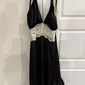 Black Nightgown Crochet Detail Ruffle Halter Twee Retro Pinup